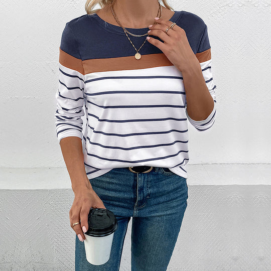 Damen Langarmshirt mit modischem Streifenmuster und farblich abgesetztem Oberteil EB