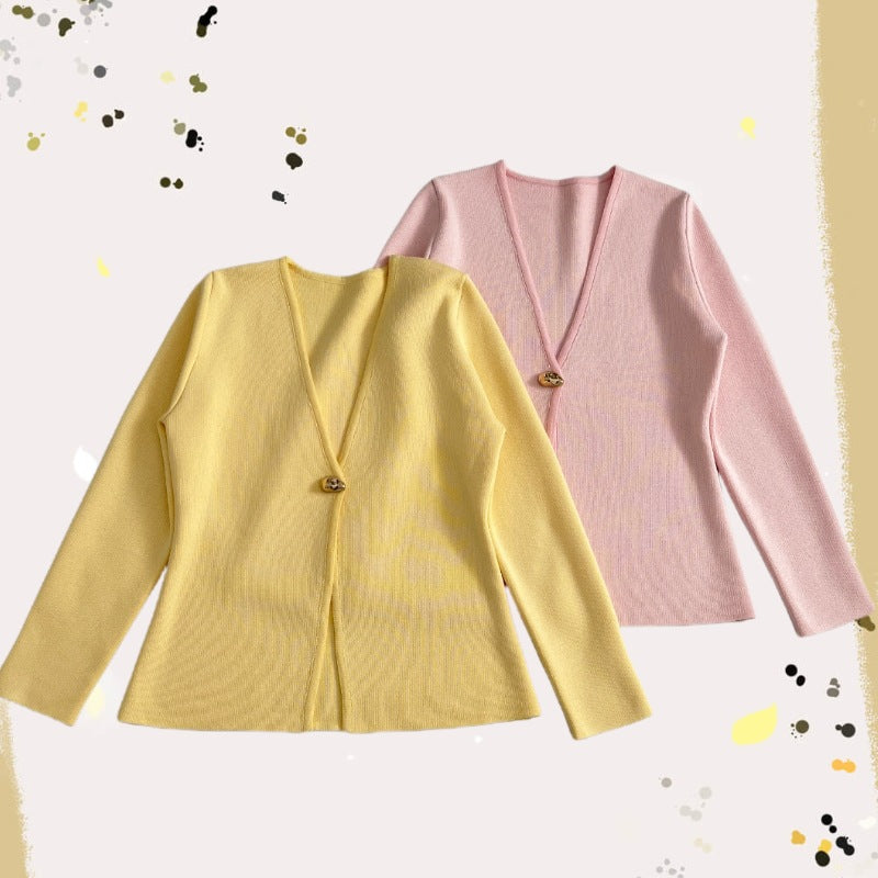 Damen lässiger V-Ausschnitt Cardigan mit dekorativem Knopf EB