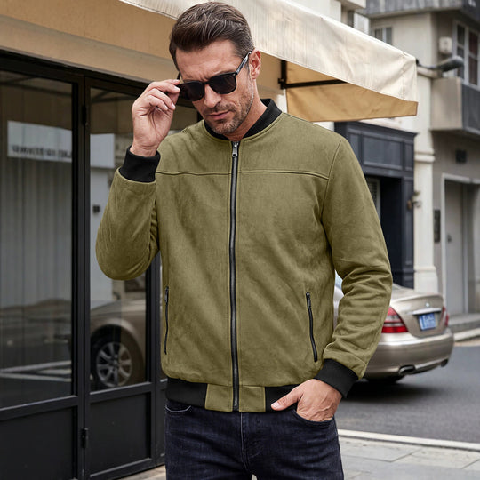 Herren Wildlederoptik Bomberjacke mit Rippenbündchen und Reißverschluss-Taschen EB
