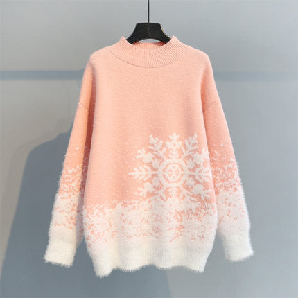 Damen gemütlicher Strickpullover mit winterlichem Schneeflockenmotiv EB