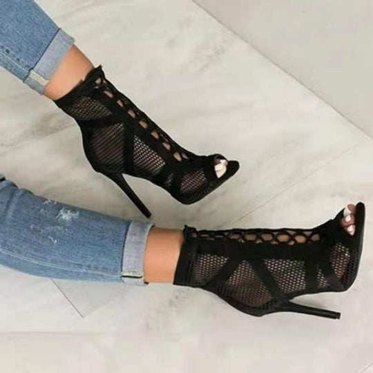 Damen Peeptoe Ankle Boots mit hochmodernem Netzdesign und elegantem Blockabsatz EB