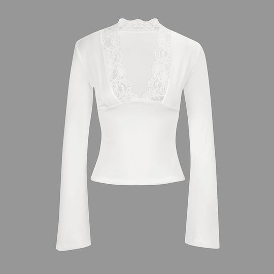 Damen Elegantes Langarm-Top mit Spitzenkragen EB