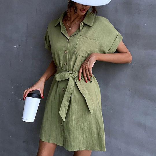 Damen Hemdblusenkleid mit Taillengürtel und Kurzarm EB