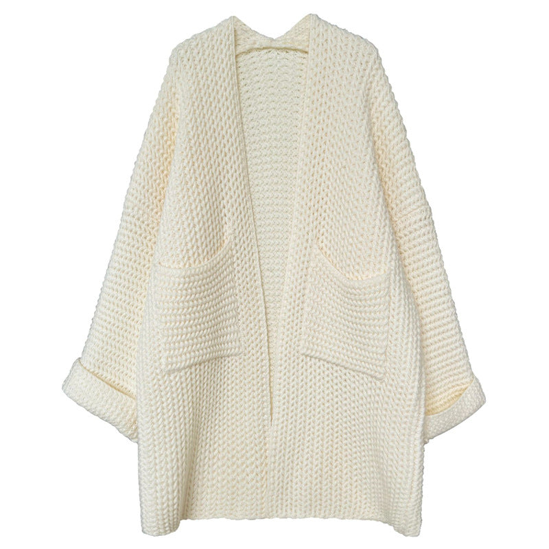 Damen Lange Strickjacke mit praktischen Taschen und modischem Zopfmuster EB