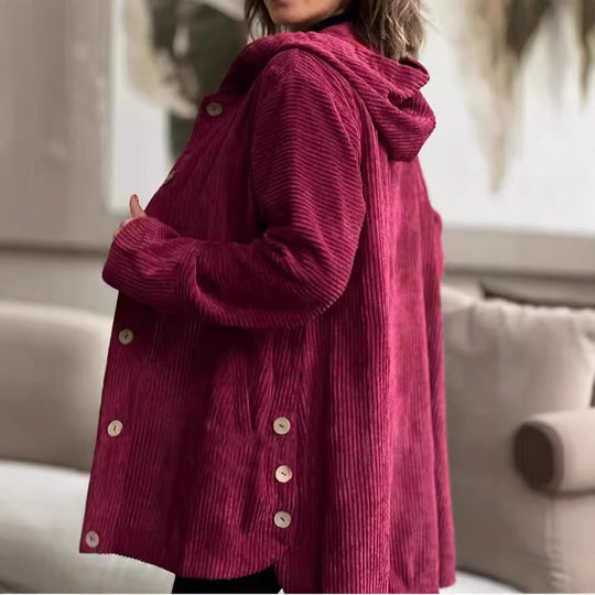 Damen Wohlfühljacke aus Cord mit Kapuze und großen Knöpfen EB