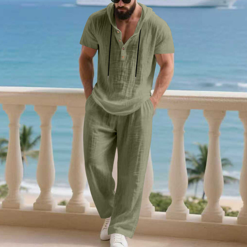 Herren komfortables Freizeit-Set mit modischem Henley-Oberteil und lockeren Hosen EB