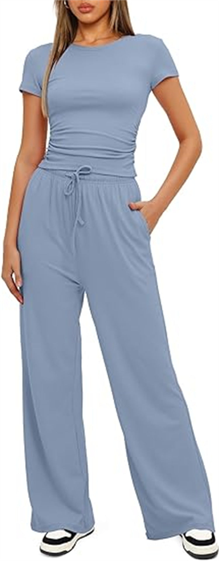 Damen lässiger Zweiteiler mit cropped Oberteil und weitem Beinkleid EB