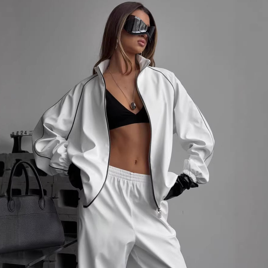 Damen Zweiteiliges Loungewear-Set mit Stehkragen-Zipjacke und weiter Bundfaltenhose EB