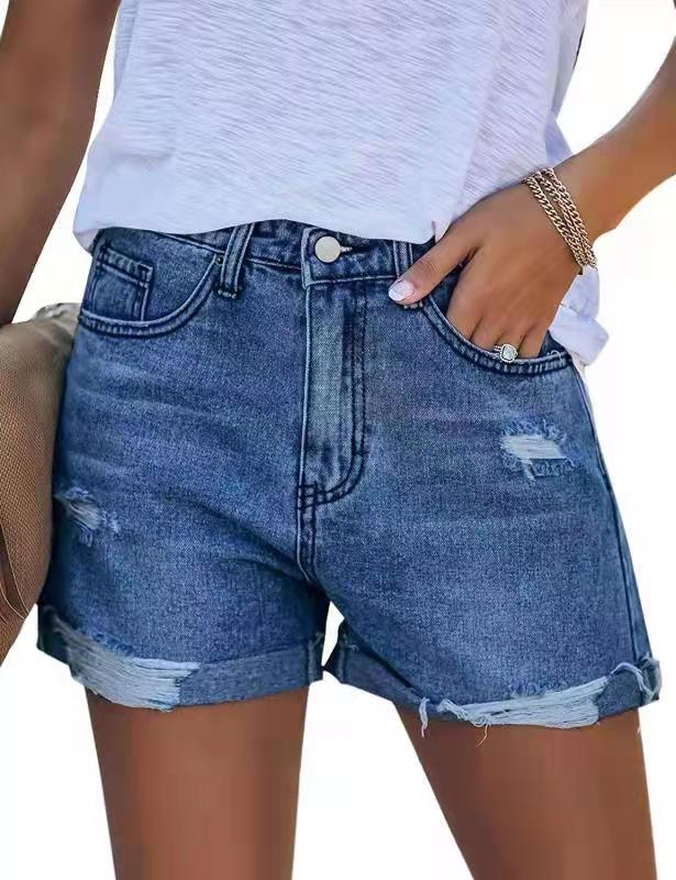 Damen Sommerliche Destroyed Jeansshorts mit umgeschlagenem Saum EB