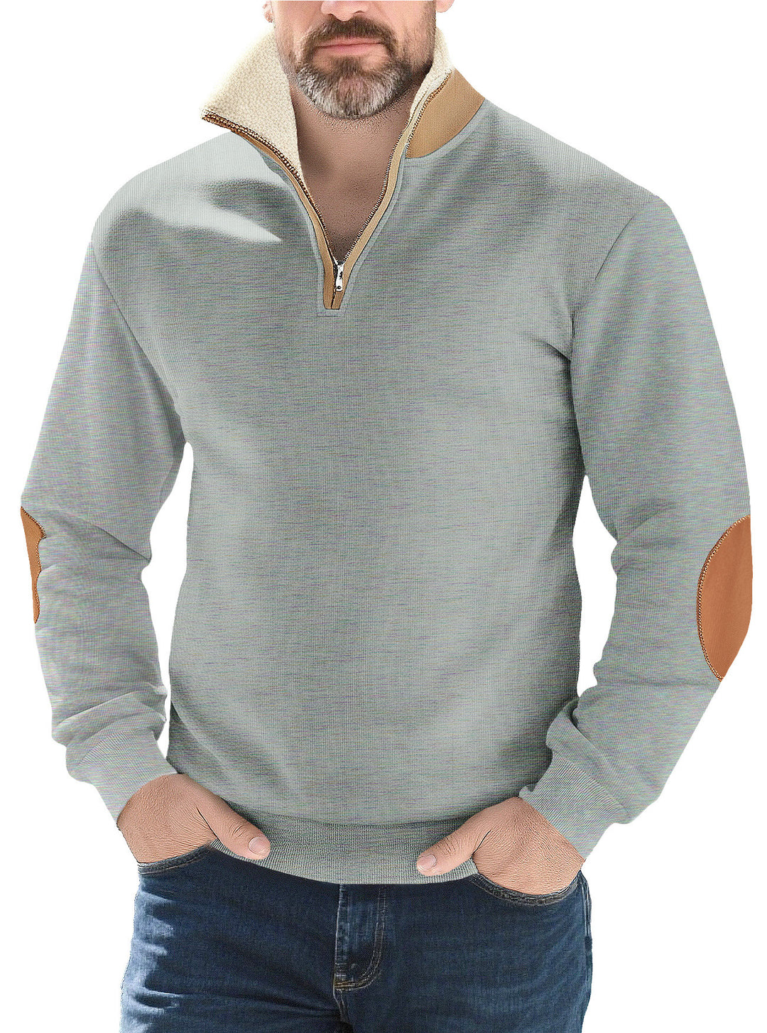 Herren nan Strukturstrick-Halbzipppullover mit wärmendem Sherpa-Kragen und Velours-Ellenbogenapplikation EB