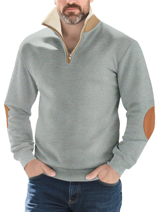 Herren nan Strukturstrick-Halbzipppullover mit wärmendem Sherpa-Kragen und Velours-Ellenbogenapplikation EB