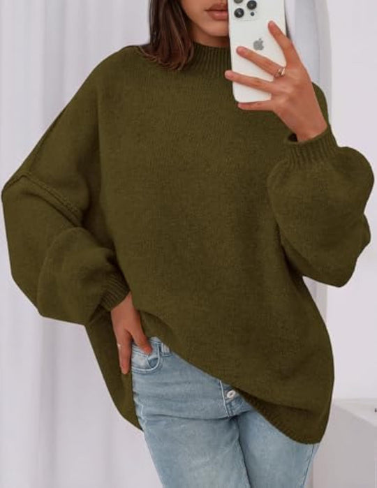 Damen Oversize-Strickpullover mit Stehkragen und Ballonärmeln EB