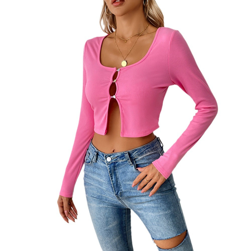 Damen bauchfreies geripptes Cropped-Cardigan mit frontalen Cutouts und Zierösen Eichborn Berlin