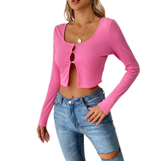 Damen bauchfreies geripptes Cropped-Cardigan mit frontalen Cutouts und Zierösen Eichborn Berlin