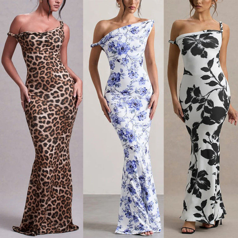 Damen Langarm Maxikleid im eleganten Leopardenmuster EB