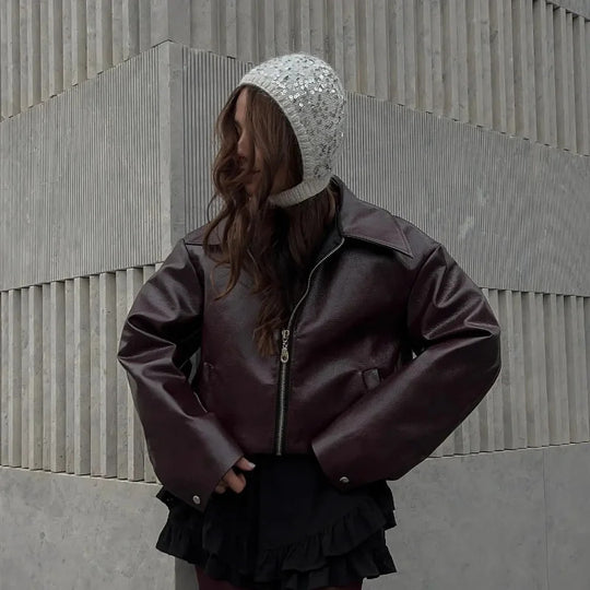 Damen Oversized Kunstlederjacke mit breitem Kragen und Reißverschluss EB