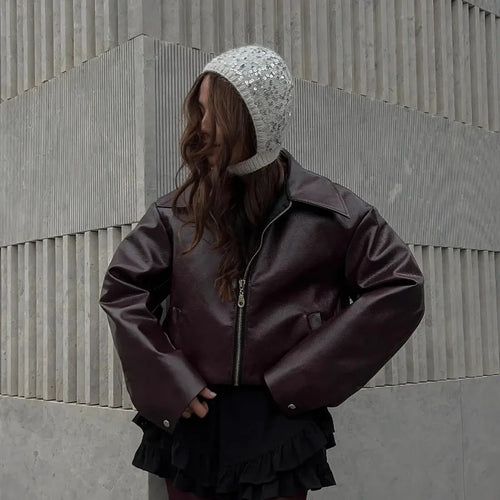 Damen Oversized Kunstlederjacke mit breitem Kragen und Reißverschluss EB