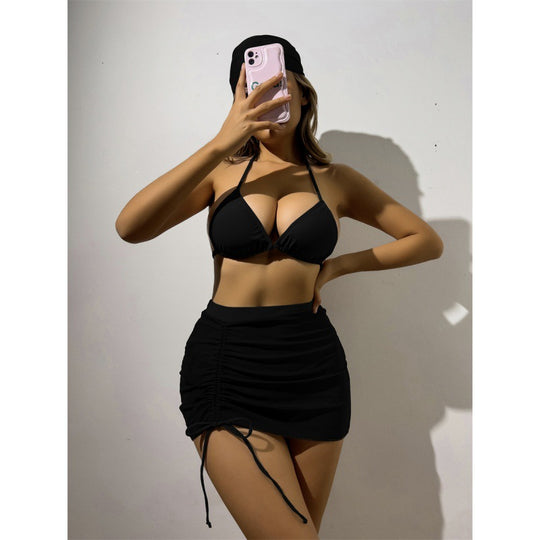 Damen Triangelbikini-Set mit transparentem Überrock und modischem Stirnband EB