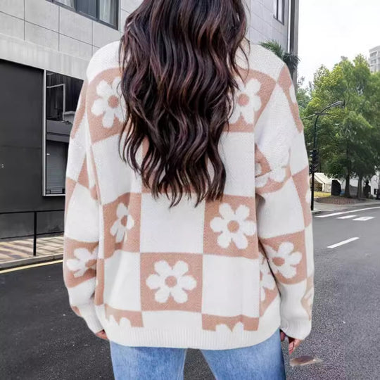 Damen Oversized Strickpullover mit floralem Muster und lässigem Schnitt EB