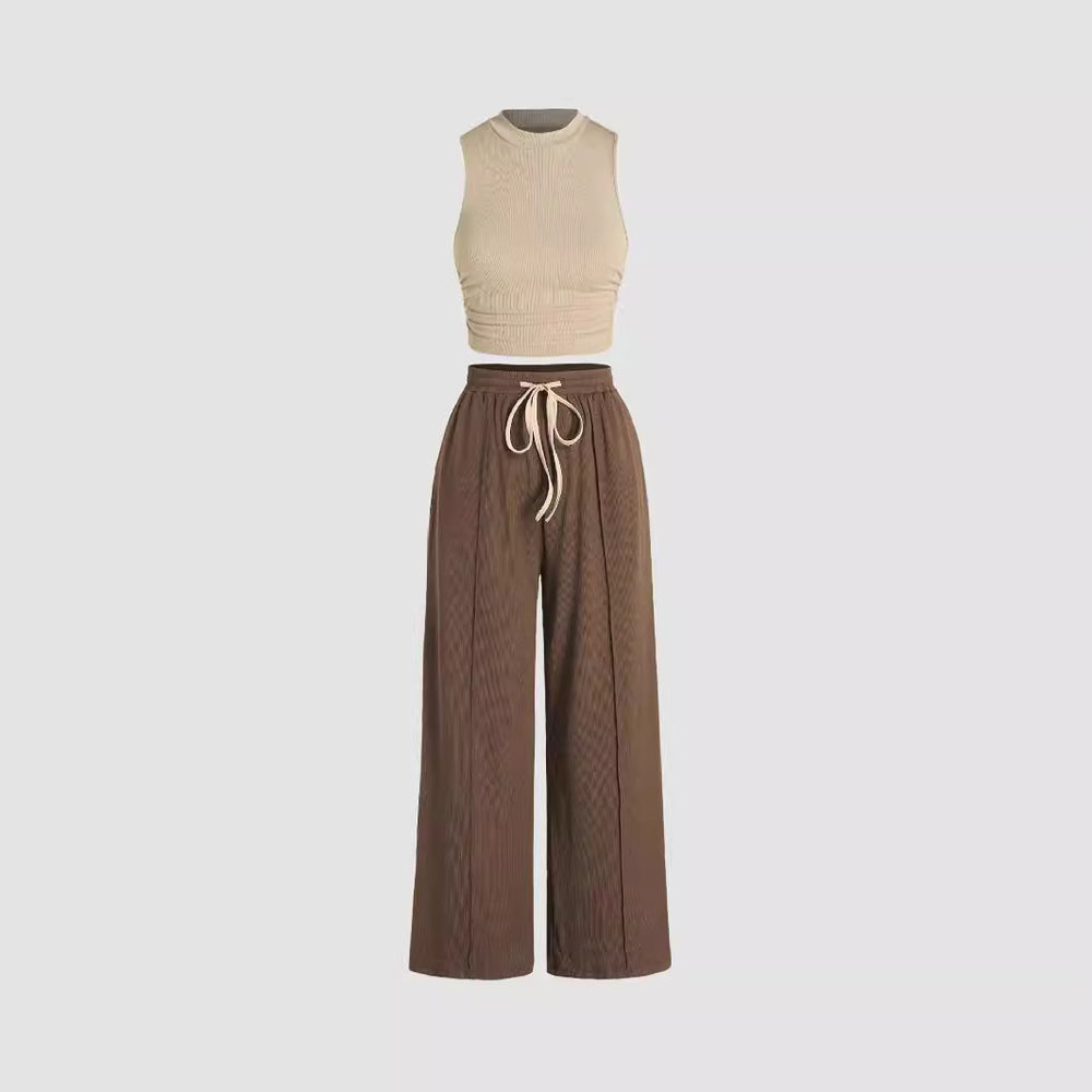 Damen lässiges Oberteil und weit geschnittene Hose Set EB