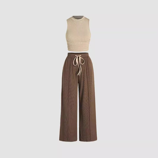 Damen lässiges Oberteil und weit geschnittene Hose Set EB