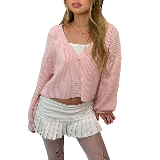 Damen nan kurzes Rippstrick-Cardigan mit Oversize-Balloonärmeln und Knopfleiste EB