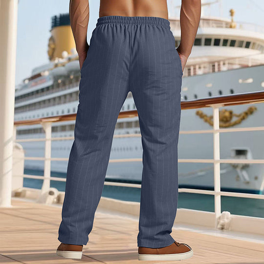 Herren Maritime Leinenoptik-Freizeithose mit Nadelstreifen elastischem Bund und seitlichen Eingrifftaschen EB