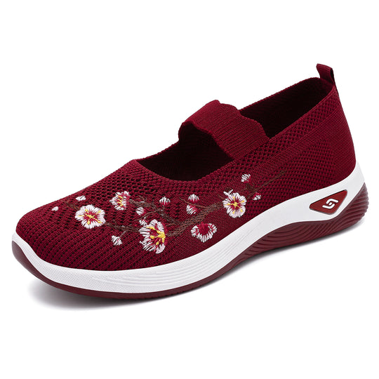 Damen nan bestickter gestrickter Slip-On Sneaker mit Mary-Jane Riemen und stoßdämpfender EVA-Sohle EB