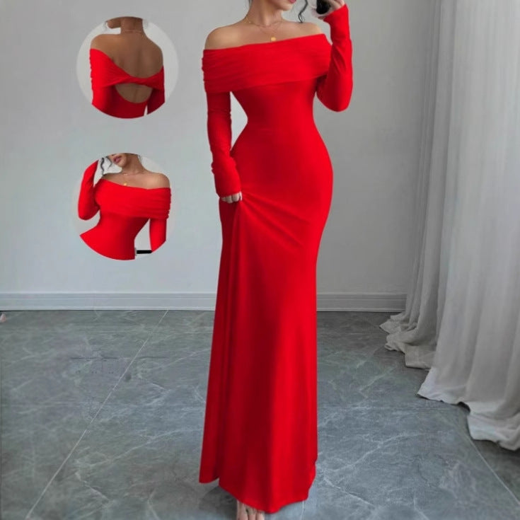 Damen Elegantes Off-Shoulder Maxikleid mit langem Arm und drapiertem Oberteil EB