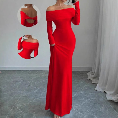Damen Elegantes Off-Shoulder Maxikleid mit langem Arm und drapiertem Oberteil EB