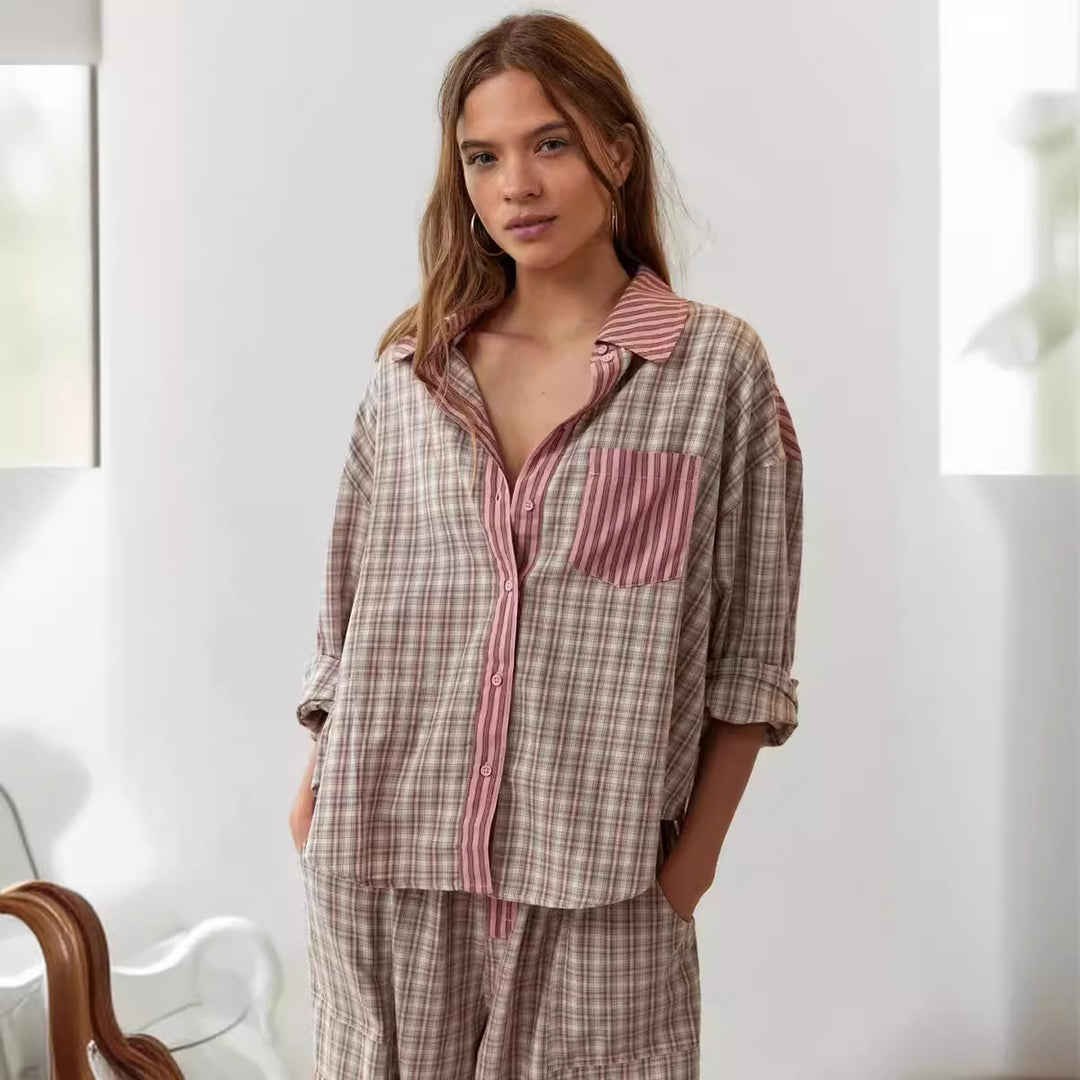 Damen lässiges Komplettset mit Karomuster aus weichem Material EB