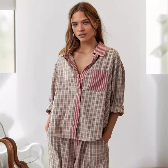 Damen lässiges Komplettset mit Karomuster aus weichem Material EB