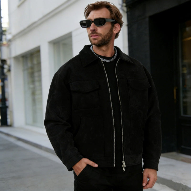 Herren nan oversized Velourslederjacke mit Reißverschluss, Hemdkragen und aufgesetzten Pattentaschen EB