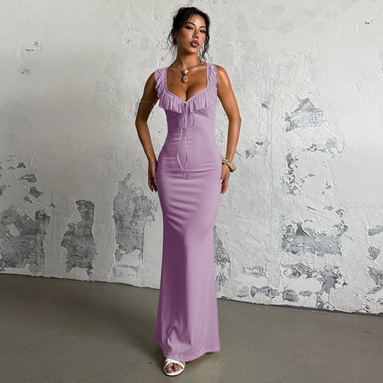 Damen figurbetontes Maxikleid mit Rüschendetails und V-Ausschnitt EB