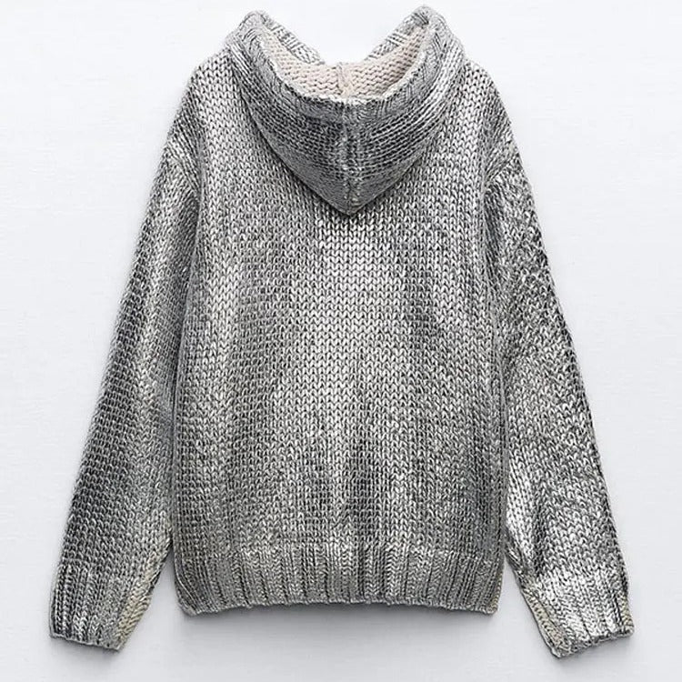 Damen Glitzernder Strickpullover mit Kapuze und praktischer Kängurutasche EB