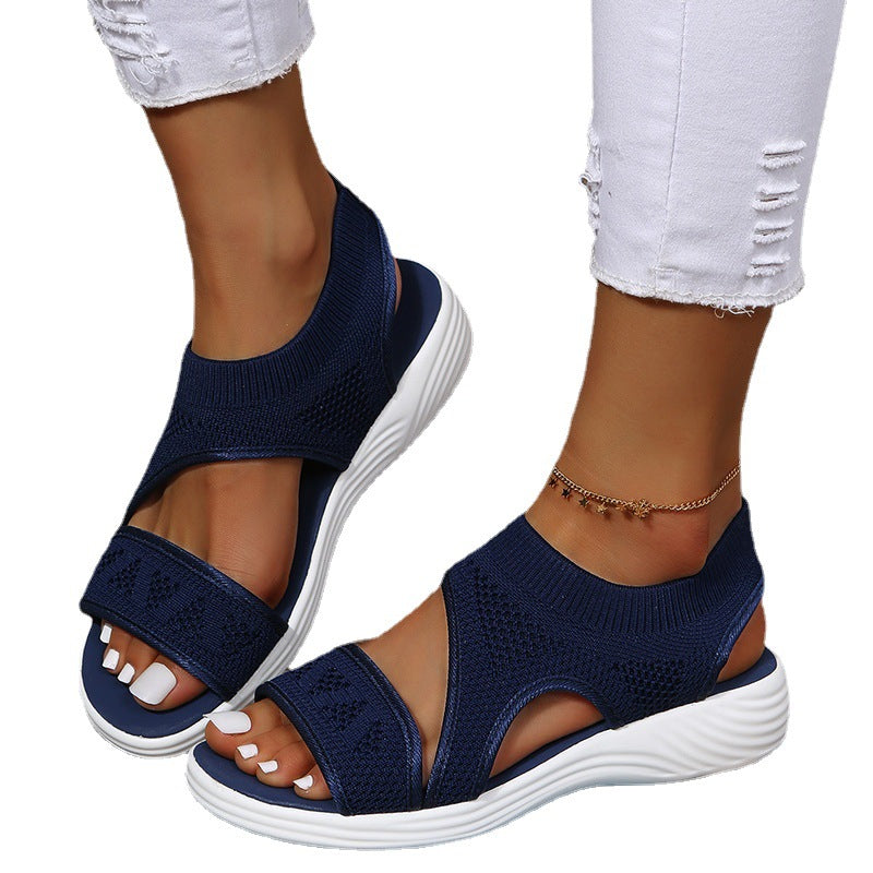 Damen Komfortable Keil-Sandalen mit atmungsaktivem Strickdesign und elastischen Riemen EB