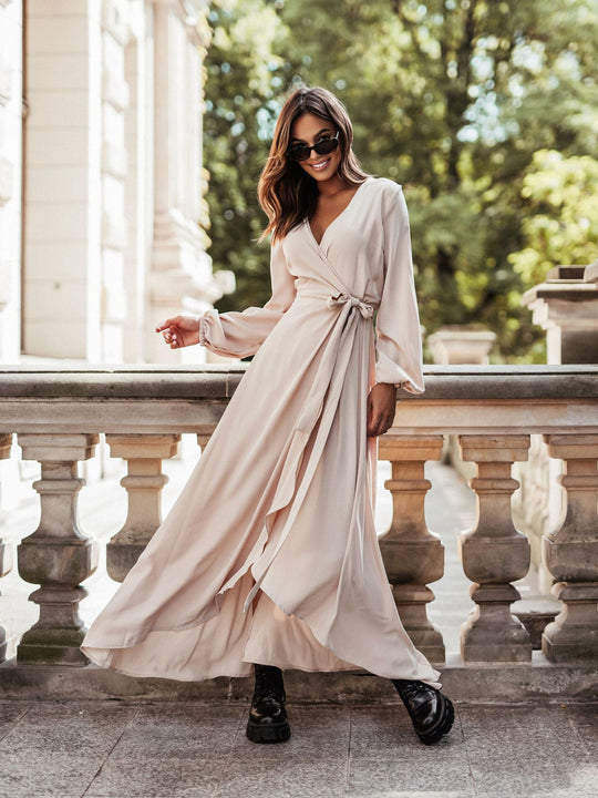 Damen Langärmliges Maxikleid mit Taillengürtel und eleganten Rüschendetails EB