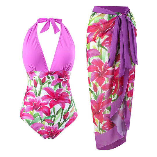Damen Badeanzug mit floralem Design und modischem Überrock EB