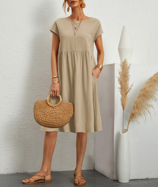 Damen Freizeitleinenkleid mit leichtem Schnitt und Taschen EB