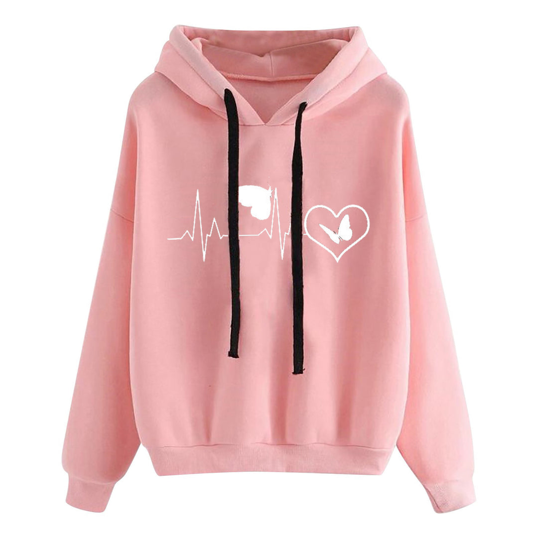 Damen nan leichter Oversize Kapuzenpullover mit Herz‑EKG‑Motiv, langen Kordeln und elastischem Bund EB