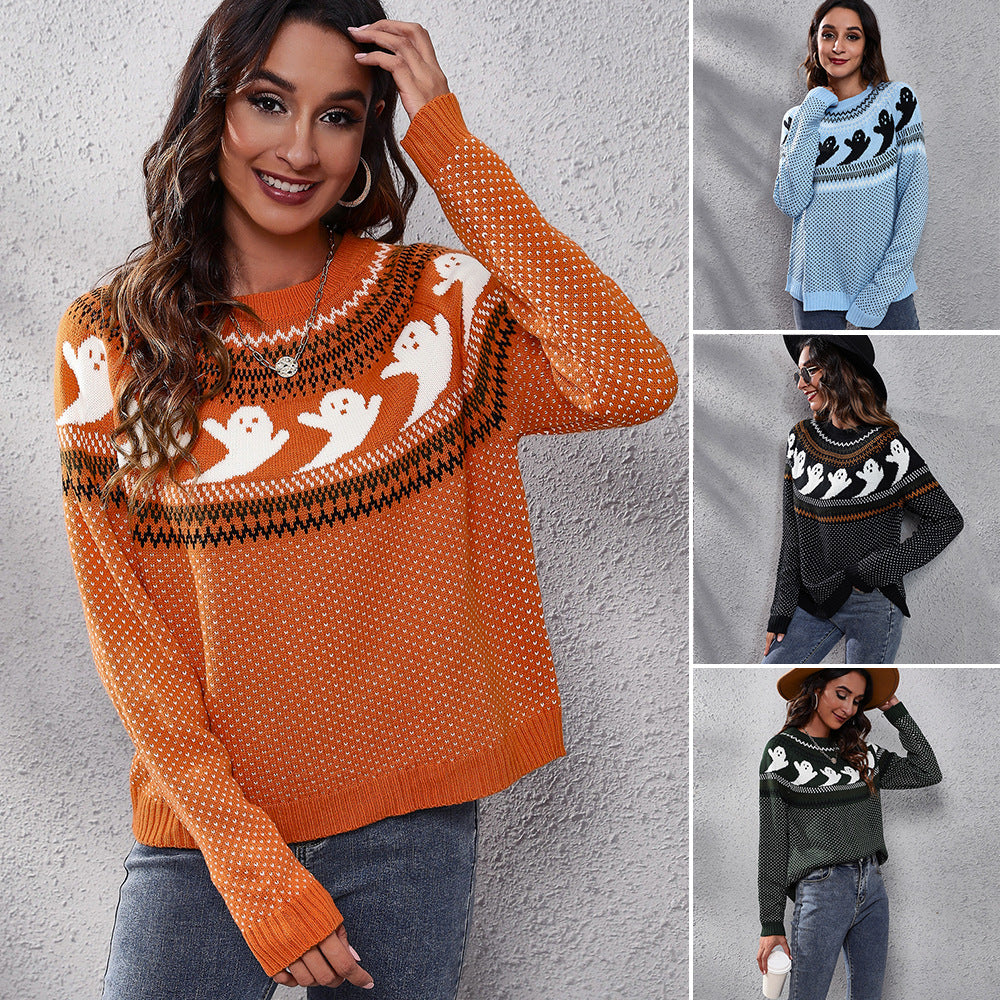 Damen Strickpullover mit gruseligem Geister-Motiv EB