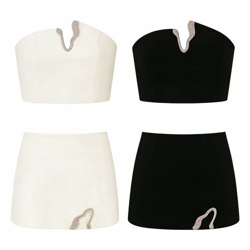 Damen Crop-Top und Mini-Rock Set mit dekorativem Detail EB