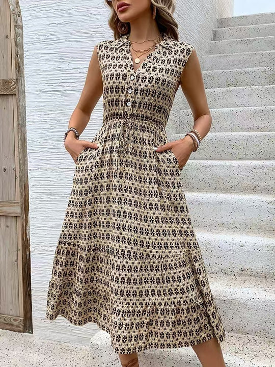 Damen Maxikleid mit Knopfleiste und elastischer Taille EB