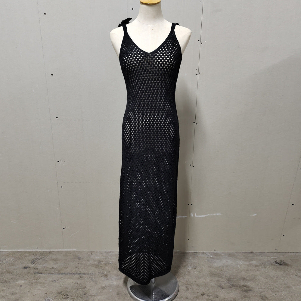 Damen gehäkeltes Strandkleid mit tiefem V-Ausschnitt und verstellbaren Trägern EB