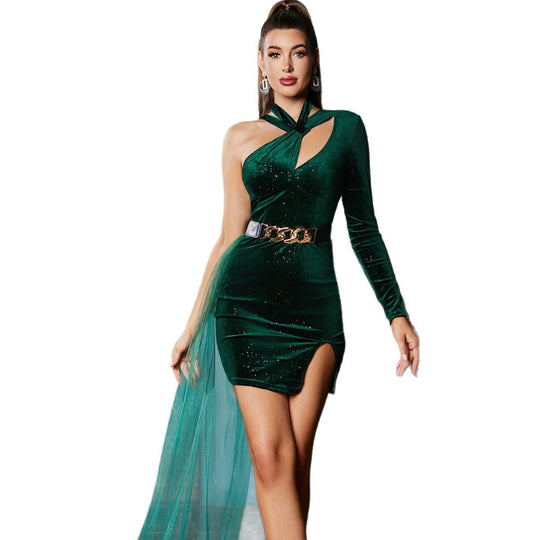 Damen Glamouröses Minikleid mit transparentem Überrock und tiefem Schlitz EB