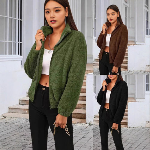 Damen Flauschige Fleecejacke mit hohem Kragen und seitlichen Taschen EB