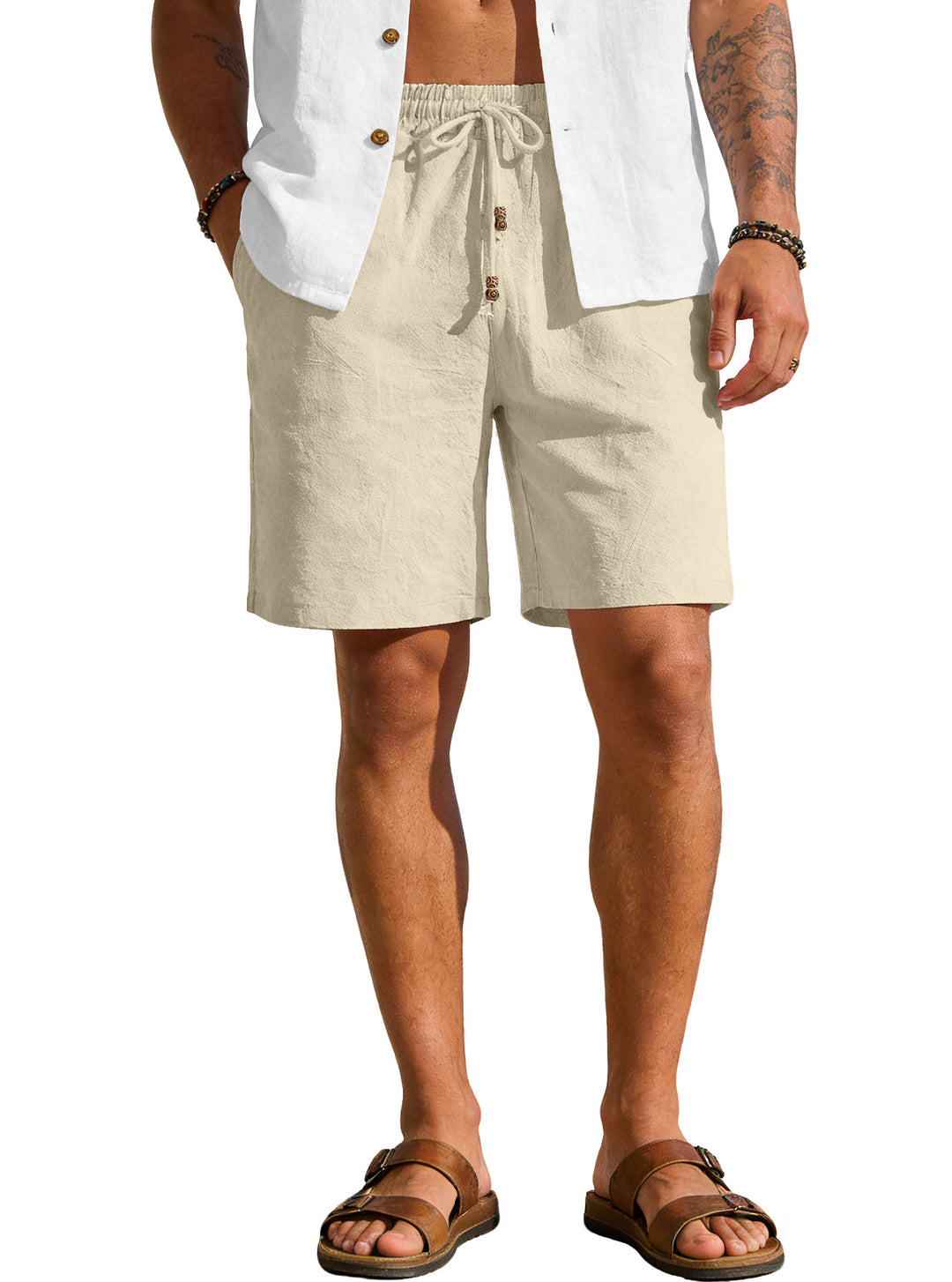Herren nan leichte Strand-Bermuda aus Leinenmix mit Elastikbund Kordelzug und Zierknopfleiste EB