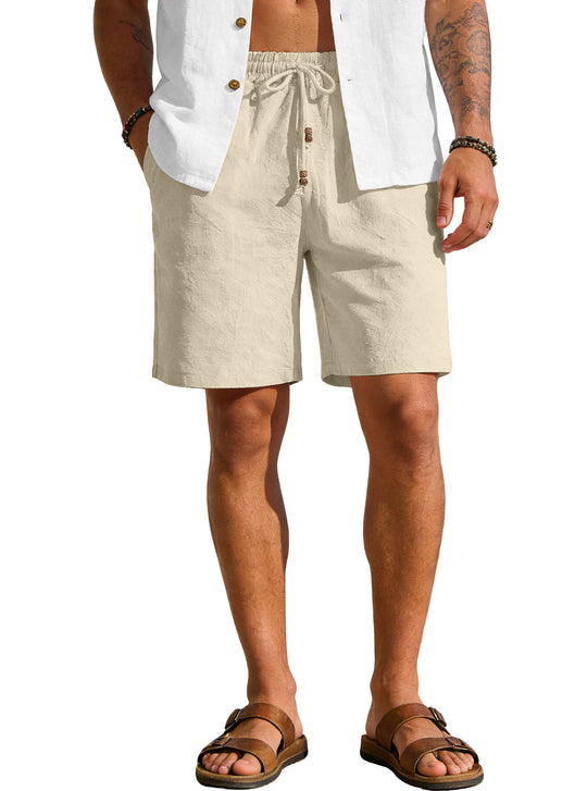 Herren nan leichte Strand-Bermuda aus Leinenmix mit Elastikbund Kordelzug und Zierknopfleiste EB