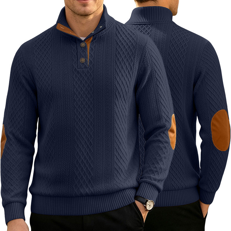 Herren Kabelstrick Troyer Pullover mit Stehkragen und Lederoptik-Ellbogen-Patches EB