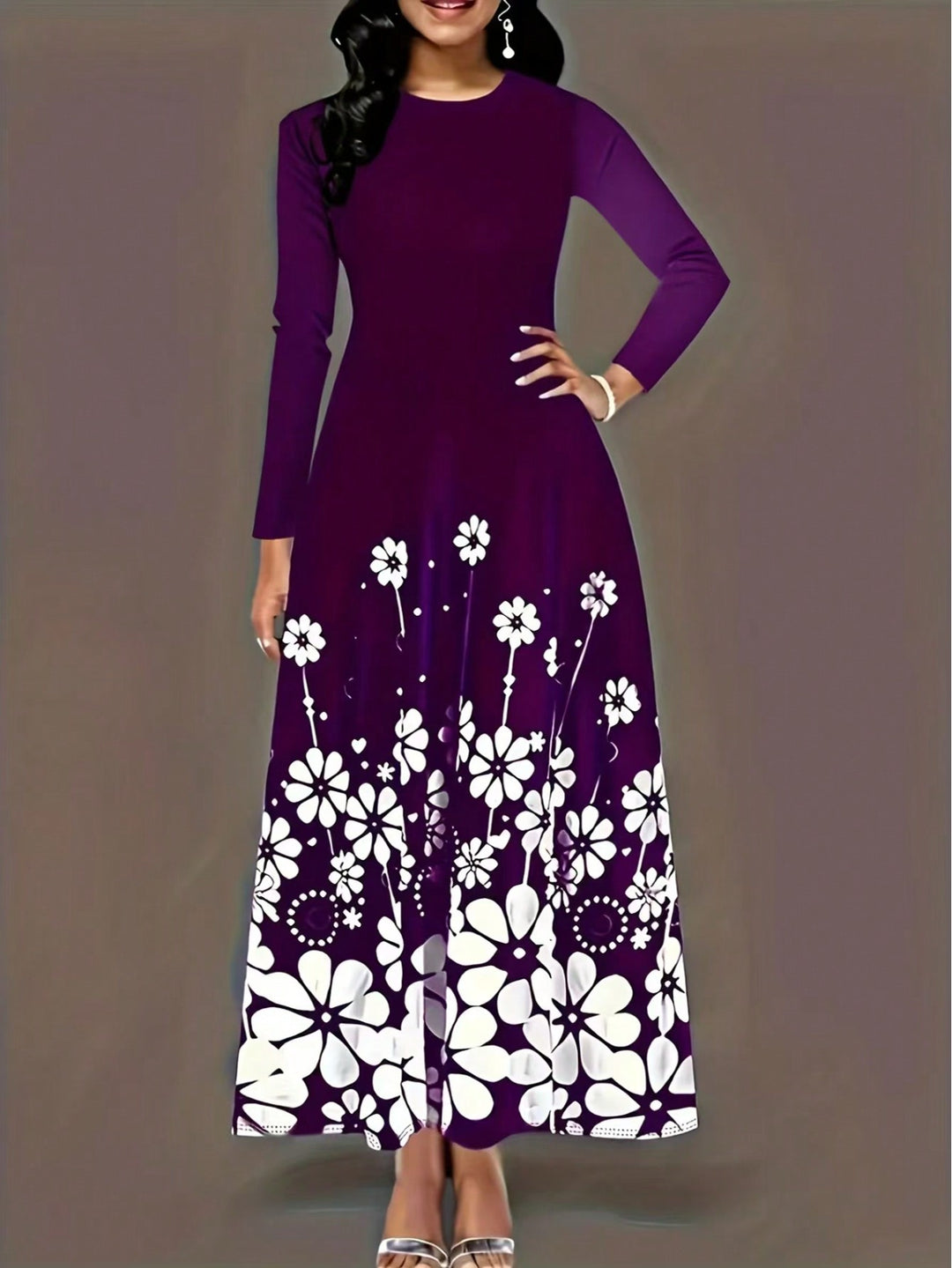 Damen Maxikleid mit floralem Druck und langem Ärmel EB